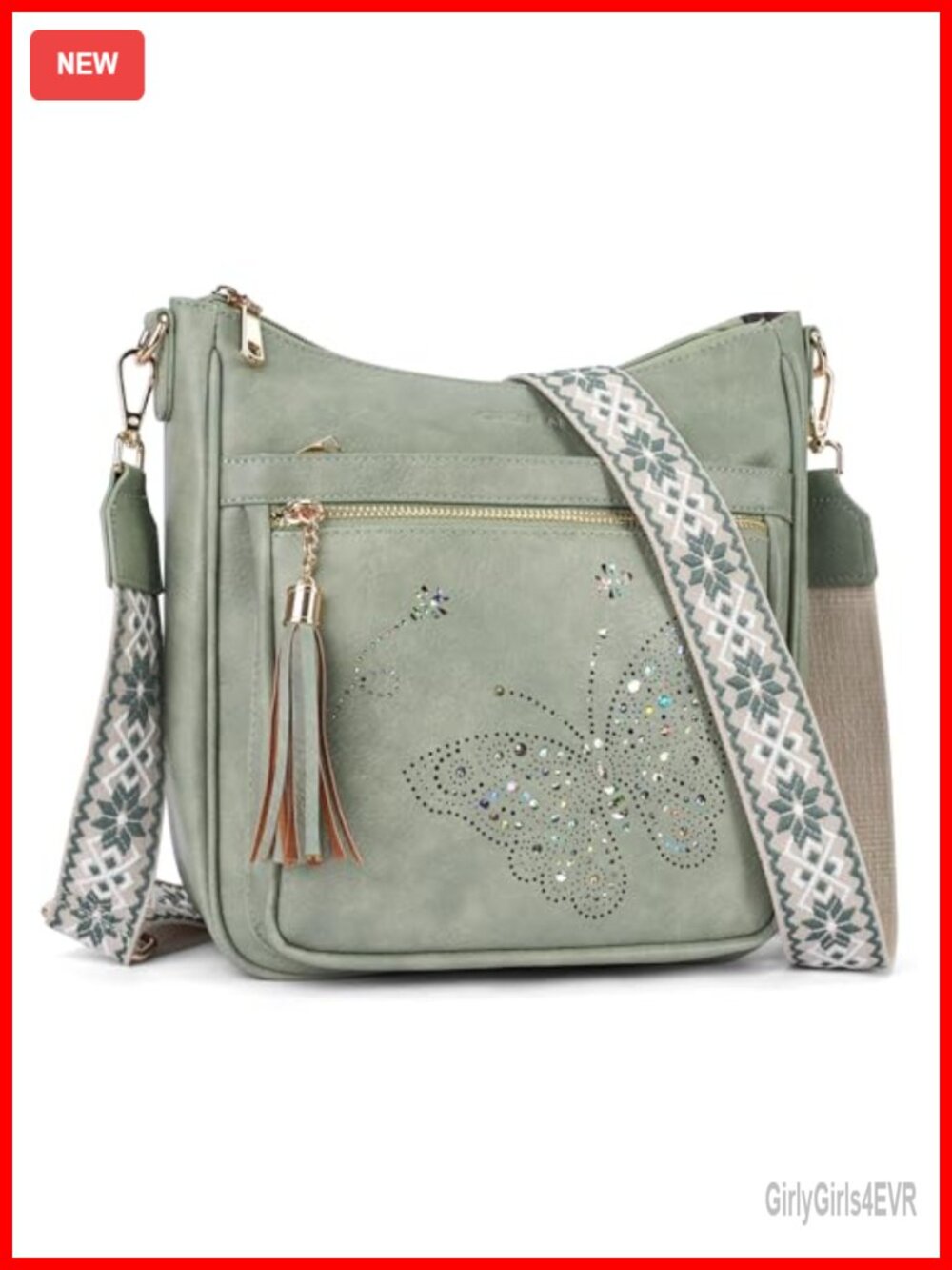 Vegan PU Leather Medium Crossbody Bag Butterfly Tassel Wide Strap